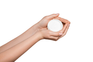 Container with bodycare and skincare cream in hands, isolated