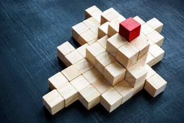 Pyramid of cubes and one red on top. The concept of leadership, success and company hierarchy.