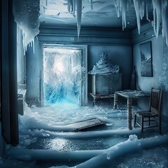 Frozen interior. Abandoned place covered by snow and ice. Beautiful illustration generated by Ai