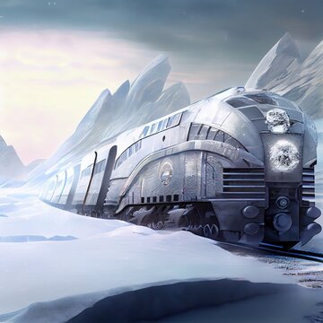 Futuristic train crossing frozen, snow capped landscape, beautiful Ai generated illustration
