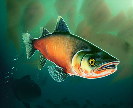 Big salmon underwater. Underwater world.