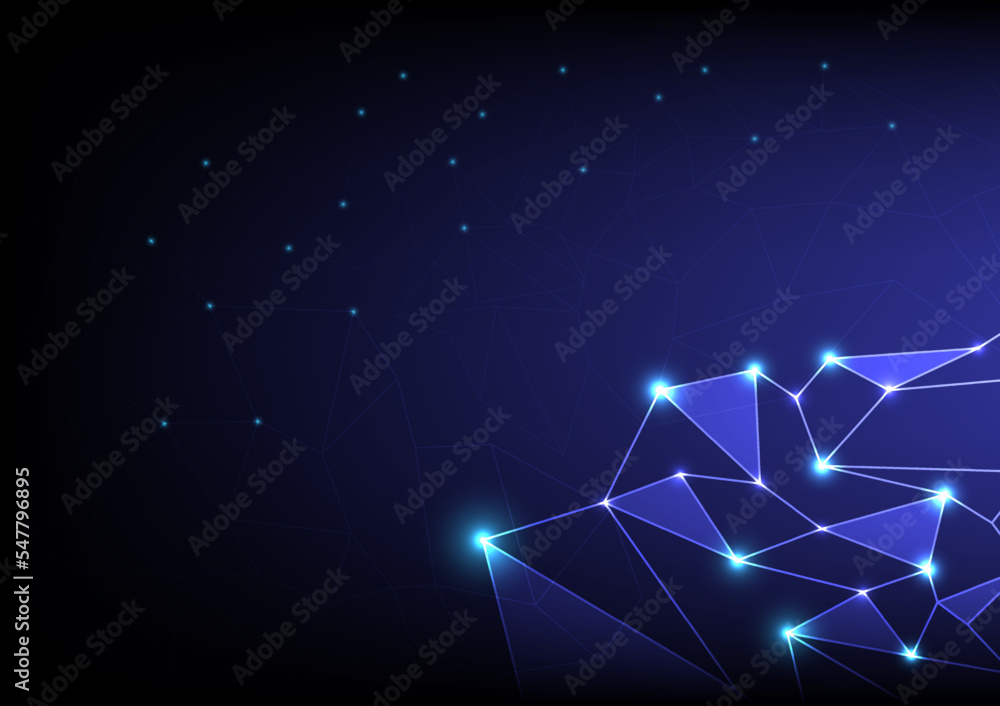 Poster hi-tech abstract. triangular polygonal with glowing light spots. there is a wireframe on the back. o