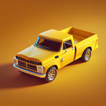 Cartoon retro pickup isolated on yellow background. Isometric illustration in style of 3d icons. Ai generated