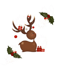 Reindeer with holly leaves and present. Cute christmas woodland digital illustration.