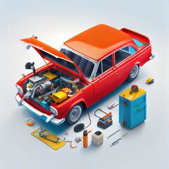 Cartoon car service, repairing service conceptual isometric illustration in style of 3d icons. Ai generated
