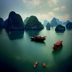 Sea Buhata Ha Long in Vietnam. Quaint islands with mountains and beautiful boats.