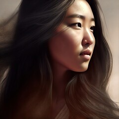 Gorgeous asian woman, photorealistic illustrated portrait generated by Ai. Deep shadows, chiaroscuro.