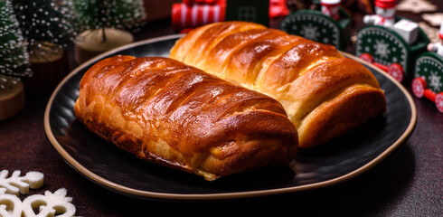 Sweet tasty fresh festive baking on a dark concrete background