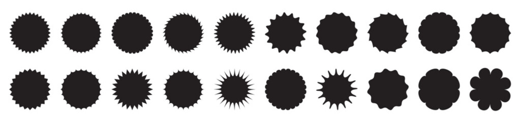 Set of twenty black stickers for product labels templates, starburst, sunburst badges for your design.