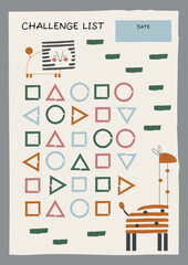Template of safari style challenge list. Prinable vector flat design. Cute tropical style print card for kids.
