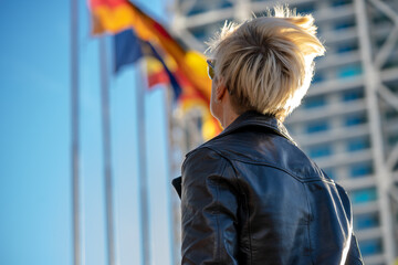 30s blond woman with short hair in sunglasses and leather jacket next to modern building in Barcelona with european flags on background