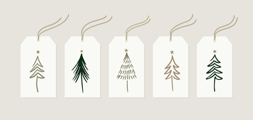 Set Of Winter Holiday Gift Tags. Hand Drawn Christmas Tree Doodles. Minimalistic Vector Design In Simple Style.