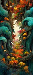 Obraz premium Abstract magical fantasy woods - vibrant autumn fall colors, misty fog and sacred old towering fantasy trees in strange and unusual curvy shapes.