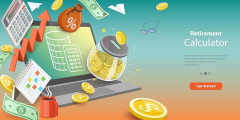 3D Vector Conceptual Illustration of Retirement Calculator, Pension Saving Planning