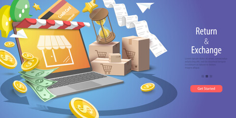 3D Vector Conceptual Illustration of Return And Exchange, Purchase Refunding Online Service