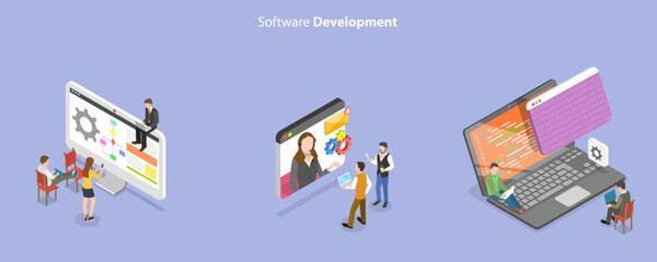 3D Isometric Flat Vector Conceptual Illustration of Software Development and Integration, Coding and Testing Process