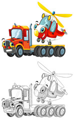 happy cartoon tow truck driver and helicopter isolated