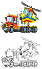happy cartoon tow truck driver and helicopter isolated