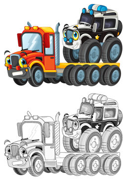 funny cartoon tow truck driver and other vehicle car isolated