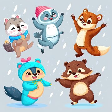 Baby bear bunny penguin raccoon and squirrel jumping or dancing, funny animals illustration for kids. Children cartoon of adorable happy smiling animals friends, isolated 2d illustrated clipart.
