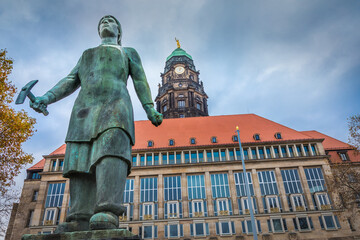 Naklejka na ściany i meble Working class soviet woman, communist monument in the Dresden city hall, Germany