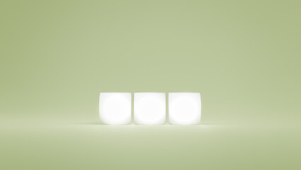 White plastic tiles in green background, 3d rendering. Letter cubes with no sign, mock-up for abbreviations and signs