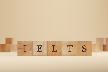 Wood tile blocks with IELTS sign, 3d rendering. Education, school and taking exams concept