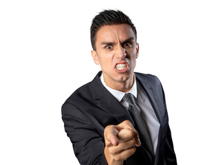 Man in a suit and tie yelling and pointing at the camera on a grey background