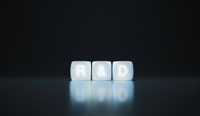 Lightbox, backlit letter cubes with R&D abbreviation on black background, 3d rendering. Internet slang, abbreviation sign and corporate concept