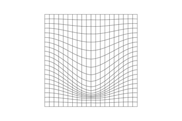 Distorted square grid. Geometric deformation effect. Mesh warp texture. Convex futuristic net. Gravity phenomenon. Bented lattice surface