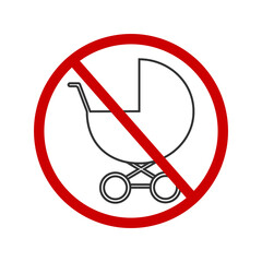 No baby prams icon. Kids prohibited zone sticker for public places. Carriage pictogram crossed by red forbidden sign. Vector graphic illustration.