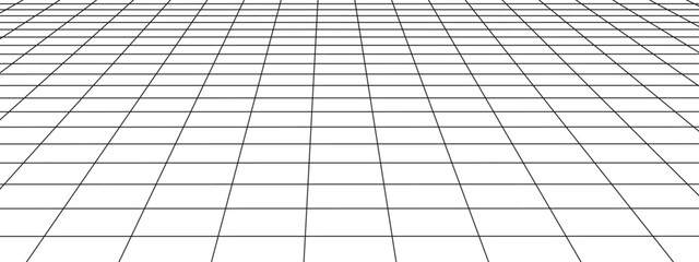 Horizontal perspective grid. Tile floor texture. Checkered plane pattern. Squared surface. Geometric design. Mesh background. Room wireframe
