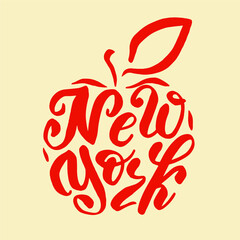 New York red apple calligram. Hand Draw Lettering by brush pen. Typography Art Print Design for t-shirt, poster, card. Vector illustration. 