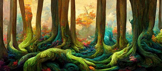 Abstract magical fantasy woods - vibrant autumn fall colors, misty fog and sacred old towering fantasy trees in strange and unusual curvy shapes. - obrazy, fototapety, plakaty