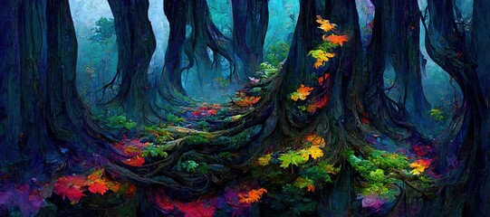 Fototapeta na wymiar Abstract magical fantasy woods - vibrant autumn fall colors, misty fog and sacred old towering fantasy trees in strange and unusual curvy shapes.