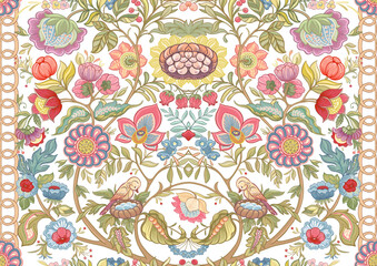 Fantasy flowers in retro, vintage, jacobean embroidery style. Seamless pattern, background. Vector illustration. Multicolor.