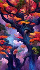 Fototapeta na wymiar Abstract magical fantasy woods - vibrant autumn fall colors, misty fog and sacred old towering fantasy trees in strange and unusual curvy shapes.