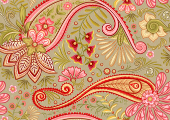 Fantasy flowers in retro, vintage, jacobean embroidery style. Paisley seamless pattern, background. Vector illustration on kraft paper background.