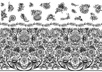 Fantasy flowers in retro, vintage, jacobean embroidery style. Seamless pattern, background. Vector illustration. In black and white.