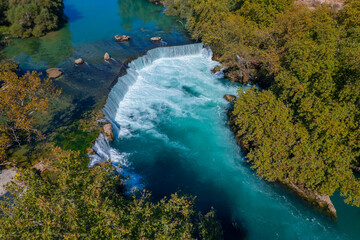 Naklejka na ściany i meble Aerial top view Manavgat waterfall Antalya, Turkey drone photo