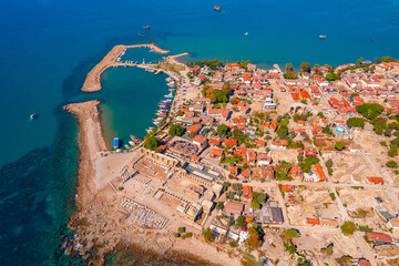Fototapeta premium Aerial top view ancient Side town, Antalya Province, Turkey drone photo