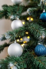 Christmas toys close-up on the Christmas tree. New Year, Christmas tree decoration