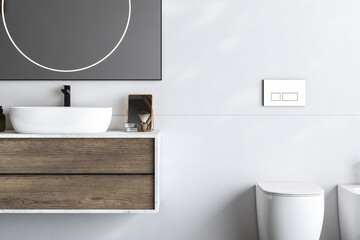 Close up bathroom furniture with white sink, accessories, hanging on white wall. Square mirror is hanging on wall, toilet. Stand for cosmetics, copy space, interior plant. 3d rendering