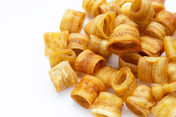 Crispy banana chip rolls. Fruit snack