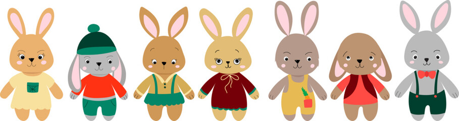 set of rabbits characters in flat style, vector