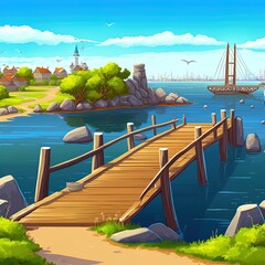 Summer landscape with sea harbor, city on island and wooden bridge over strait. 2d illustrated cartoon illustration of mediterranean town on sea coast, old wood pier, stones, green grass and trees