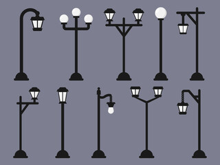 Streetlight streetlamp lamppost. Vintage street lantern poles. Urban road electricity illumination pillars. Retro lamp post with gas or old light bulbs. City Park square garden exterior lighting