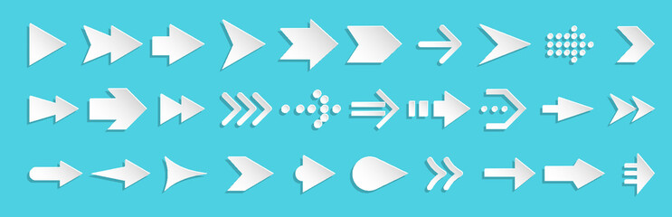 Arrows paper cut origami white icon big set. Different shape pointer symbol. Up down left right forward backward direction signs. Arrow cursor download upload previous next page web navigation button