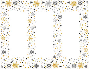 Snowflake black gold silver linear border. Merry Christmas and Happy New Year greeting card poster banner template. Winter ornate ice star background. Copy space snow flakes frame. Xmas letter decor