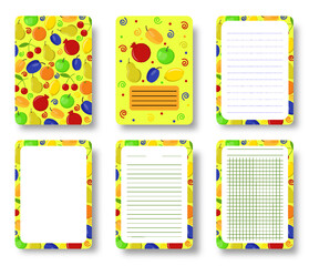 Fruits berries notebook cover set. fruit berry pattern template with copy space for annual notepad, brochure, copybook, diary. Healthy food flat fresh print for magazine covers, booklet journal cards
